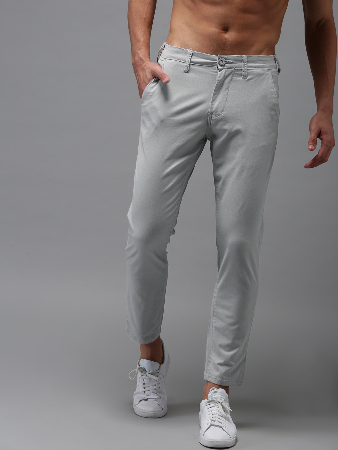 Buy HERE&NOW Men Grey Slim Fit Solid Cropped Chinos - Trousers for Men ...