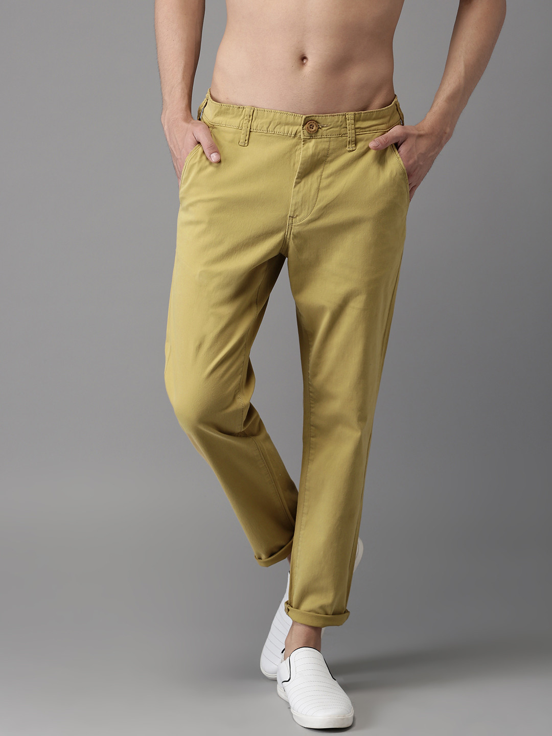 Buy HERE&NOW Men Khaki Slim Fit Solid Cropped Regular Trousers