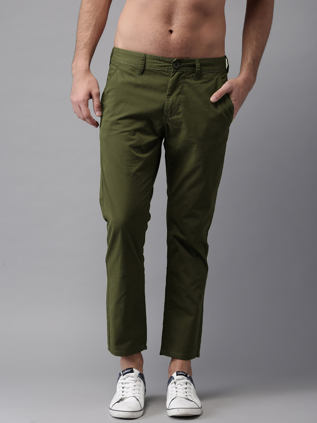 Buy HERE&NOW Men Green Ankle Slim Fit Solid Chinos - Trousers for Men 2318061 | Myntra