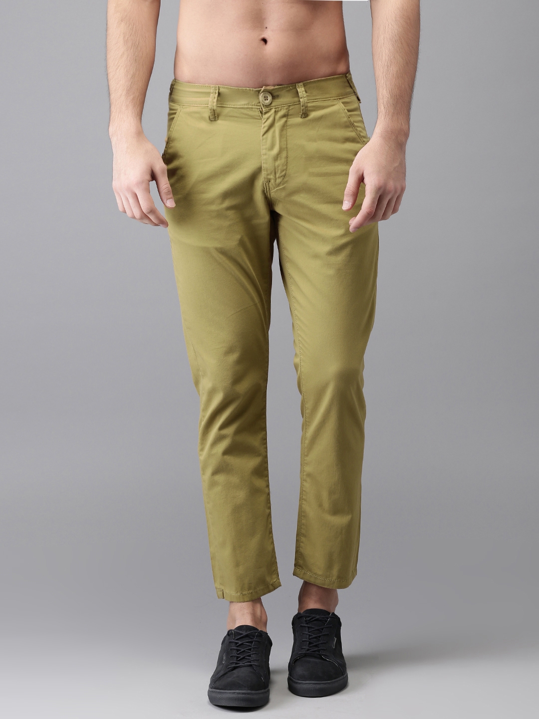 Buy HERE&NOW Men Khaki Slim Fit Solid Cropped Chinos - Trousers for Men ...