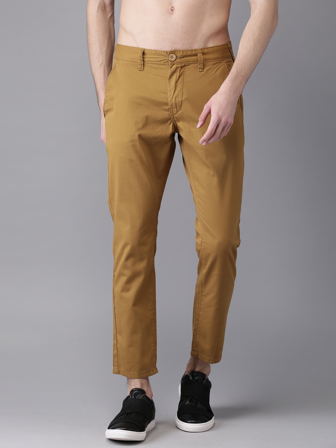 Buy HERE&NOW Men Khaki Ankle Slim Fit Solid Regular Trousers - Trousers ...