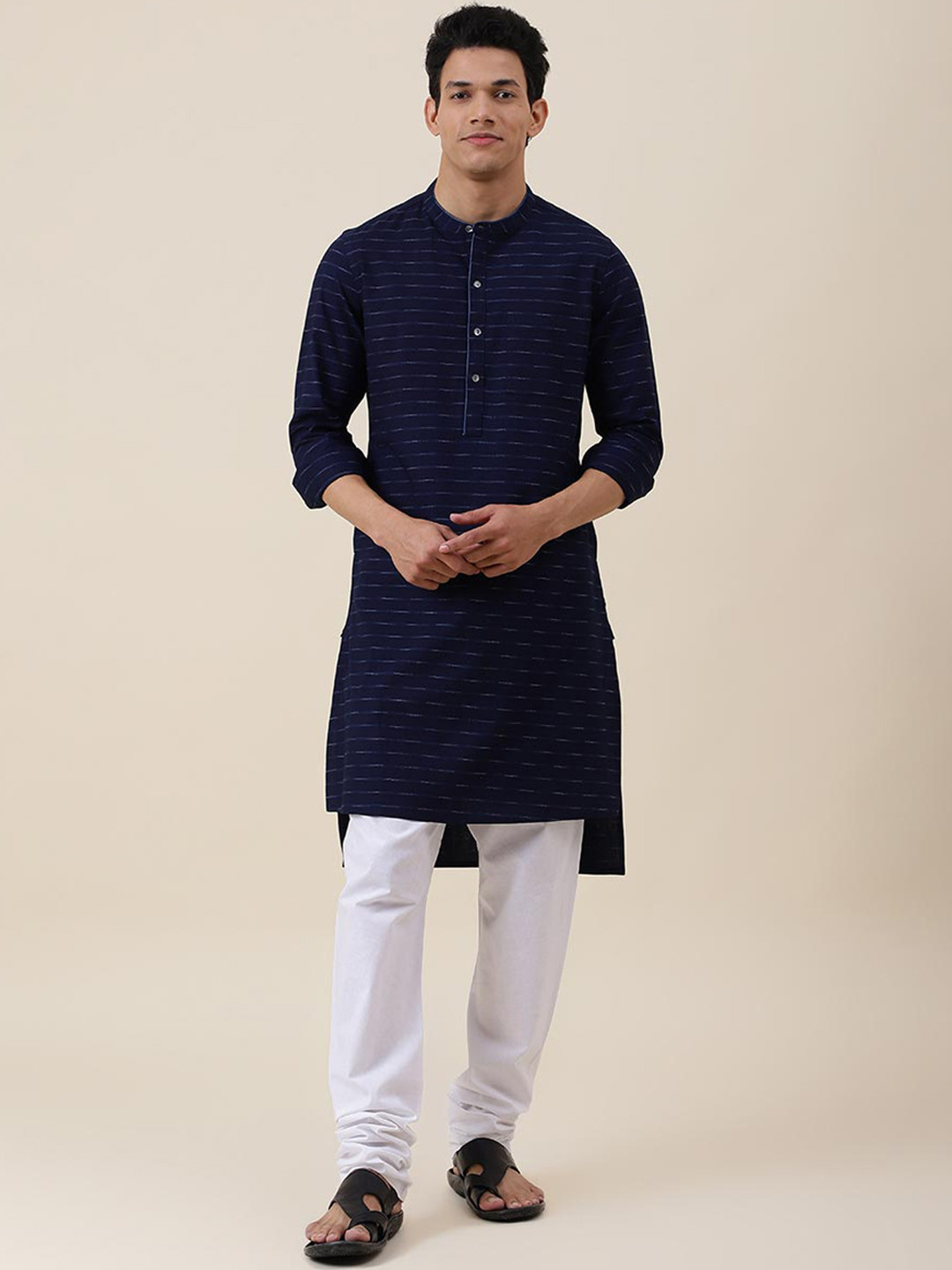 Buy Fabindia Striped Band Collar High Low Cotton Kurta Kurtas for Men
