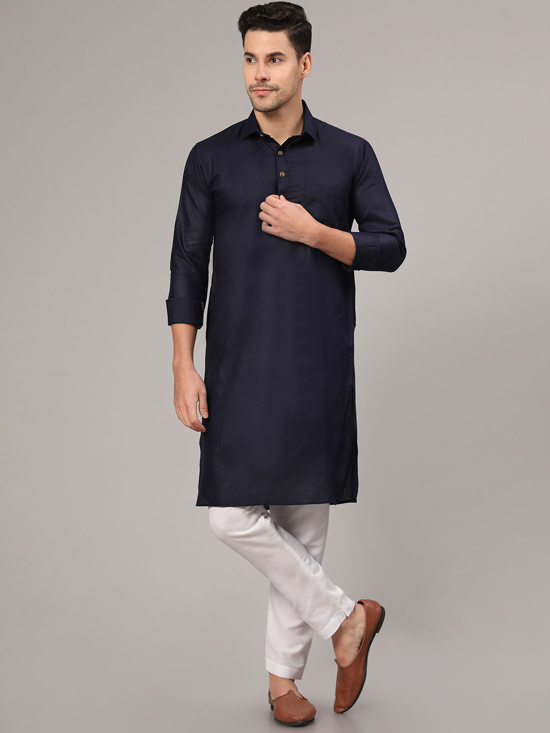 Midnight Black Striped Shirt Collar Kurta