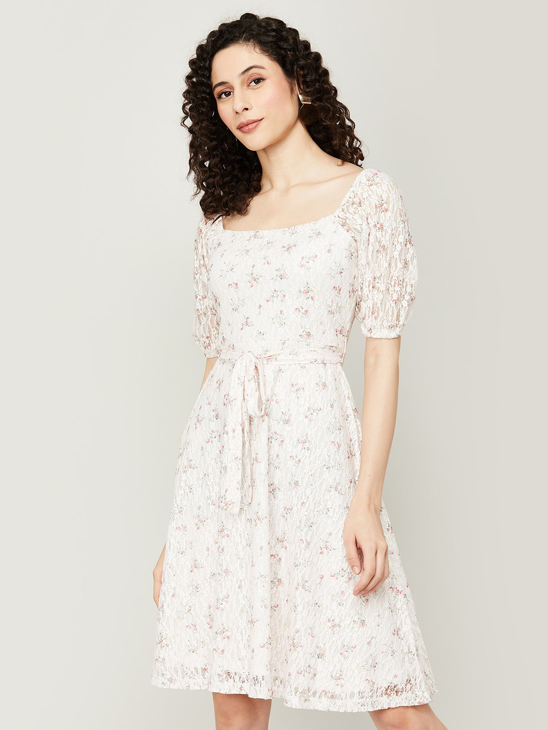 Buy CODE By Lifestyle Floral Printed Square Neck Puff Sleeve Fit ...