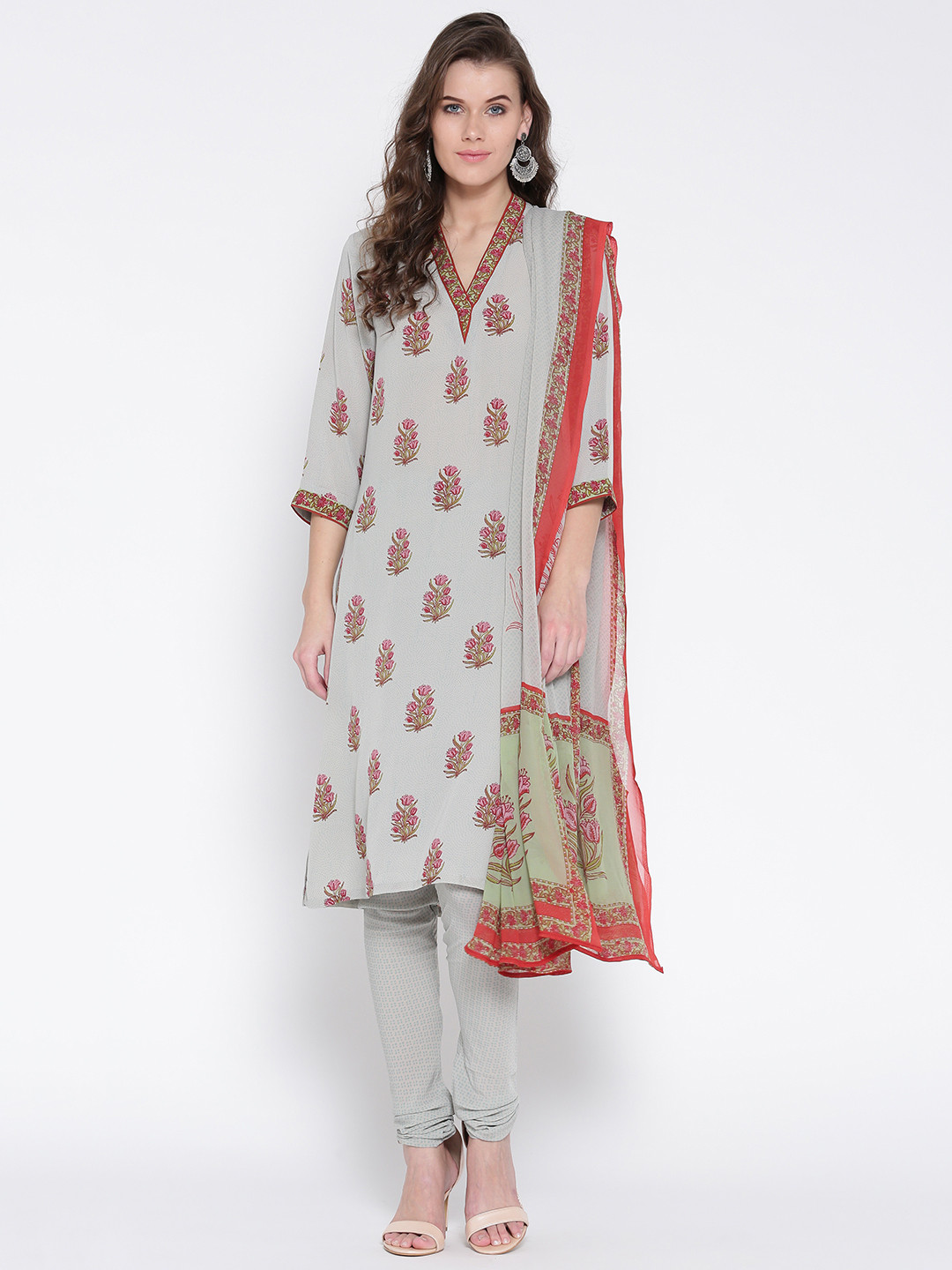 Buy Biba Women Grey & Pink Printed Kurta With Churidar & Dupatta