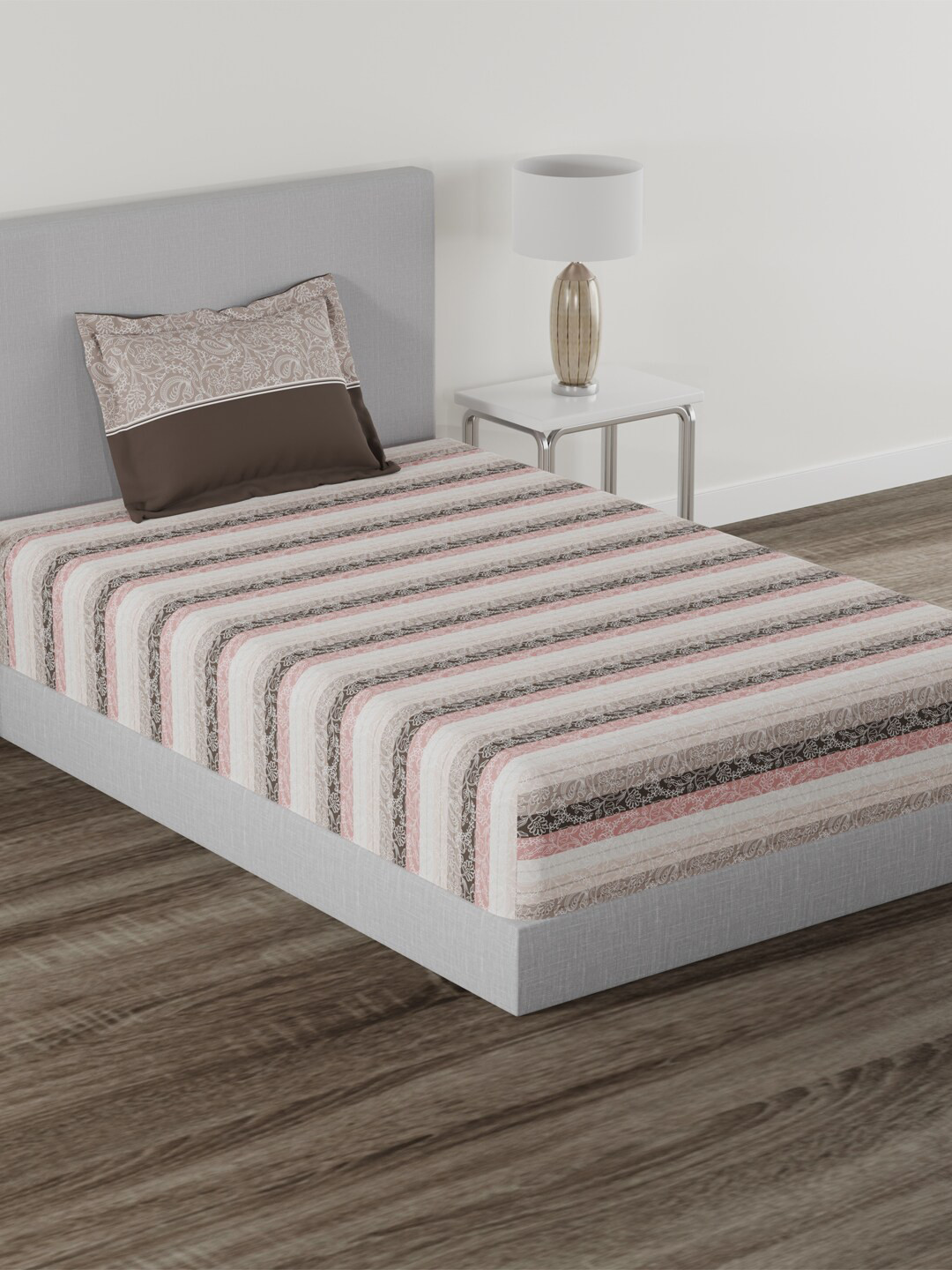 Buy Trident Home Essential Brown Striped Cotton 144 TC Single Bedsheet