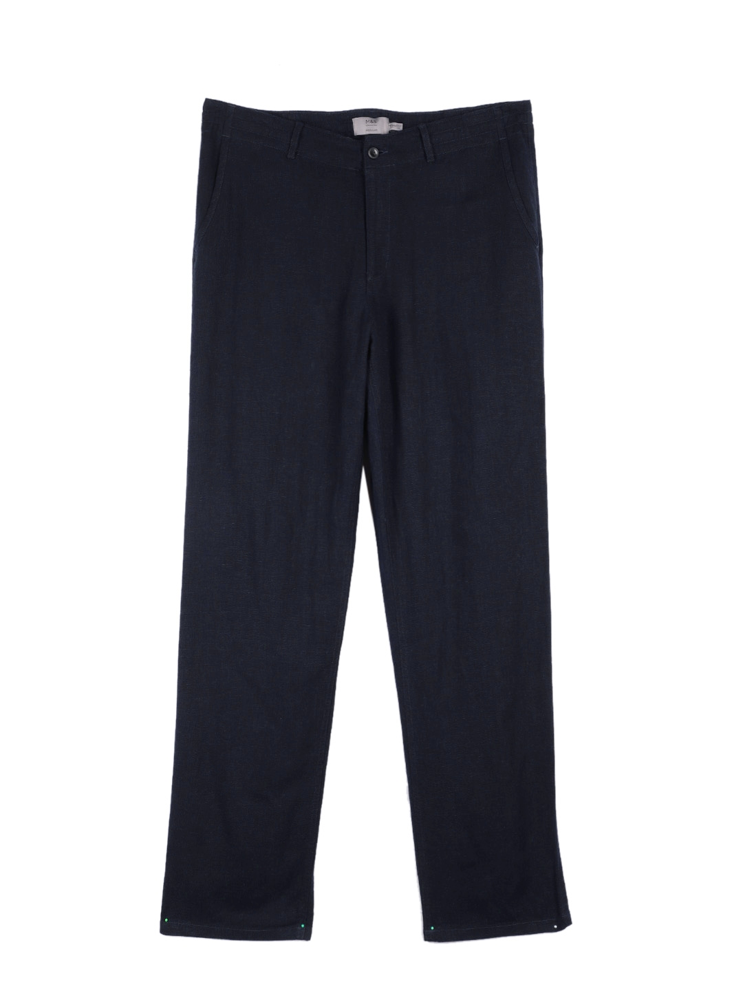 Buy Marks & Spencer Men Navy Blue Linen Regular Fit Solid Trousers ...