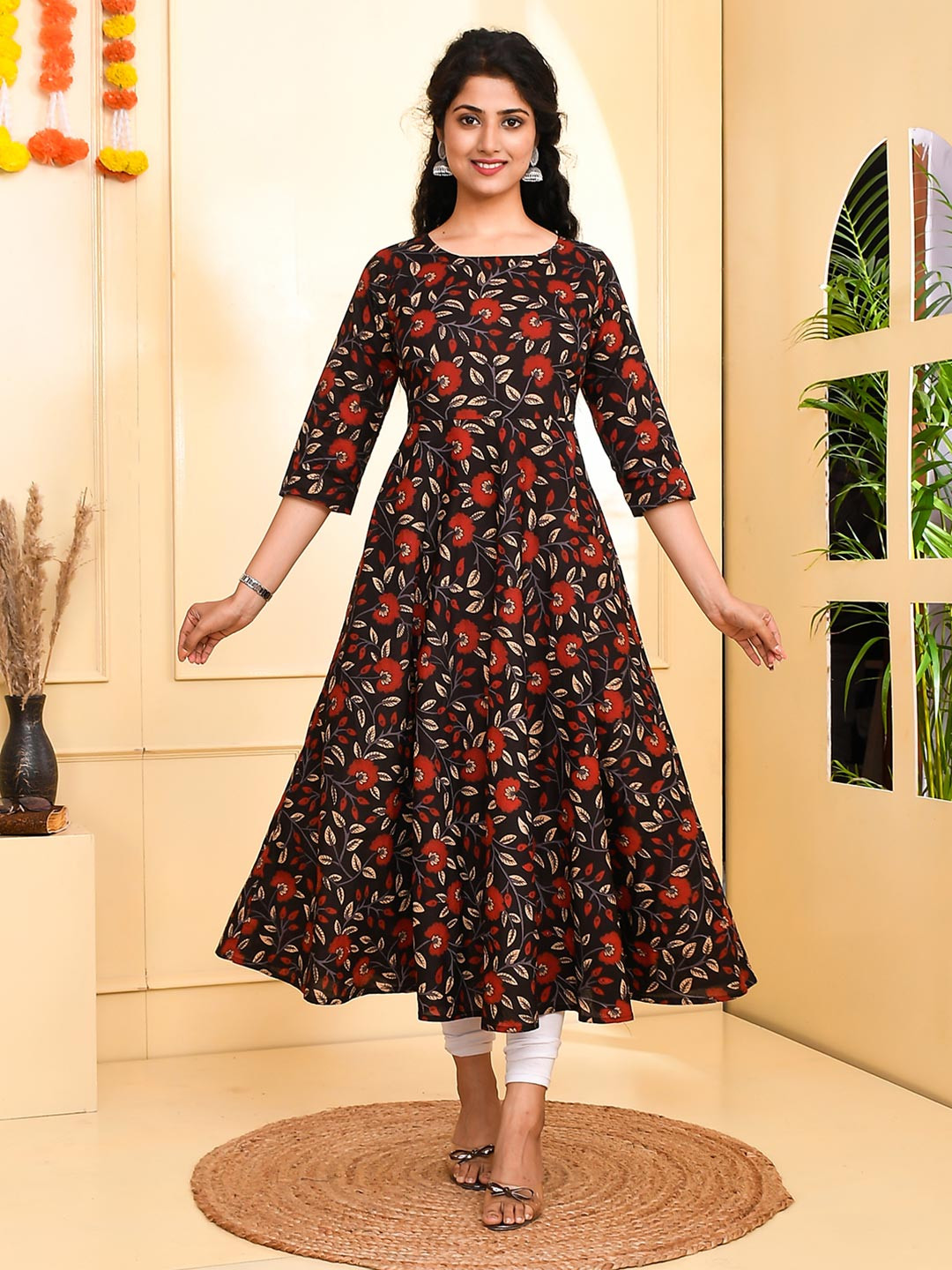 Floral Print Fit Flare Cotton Midi Dress