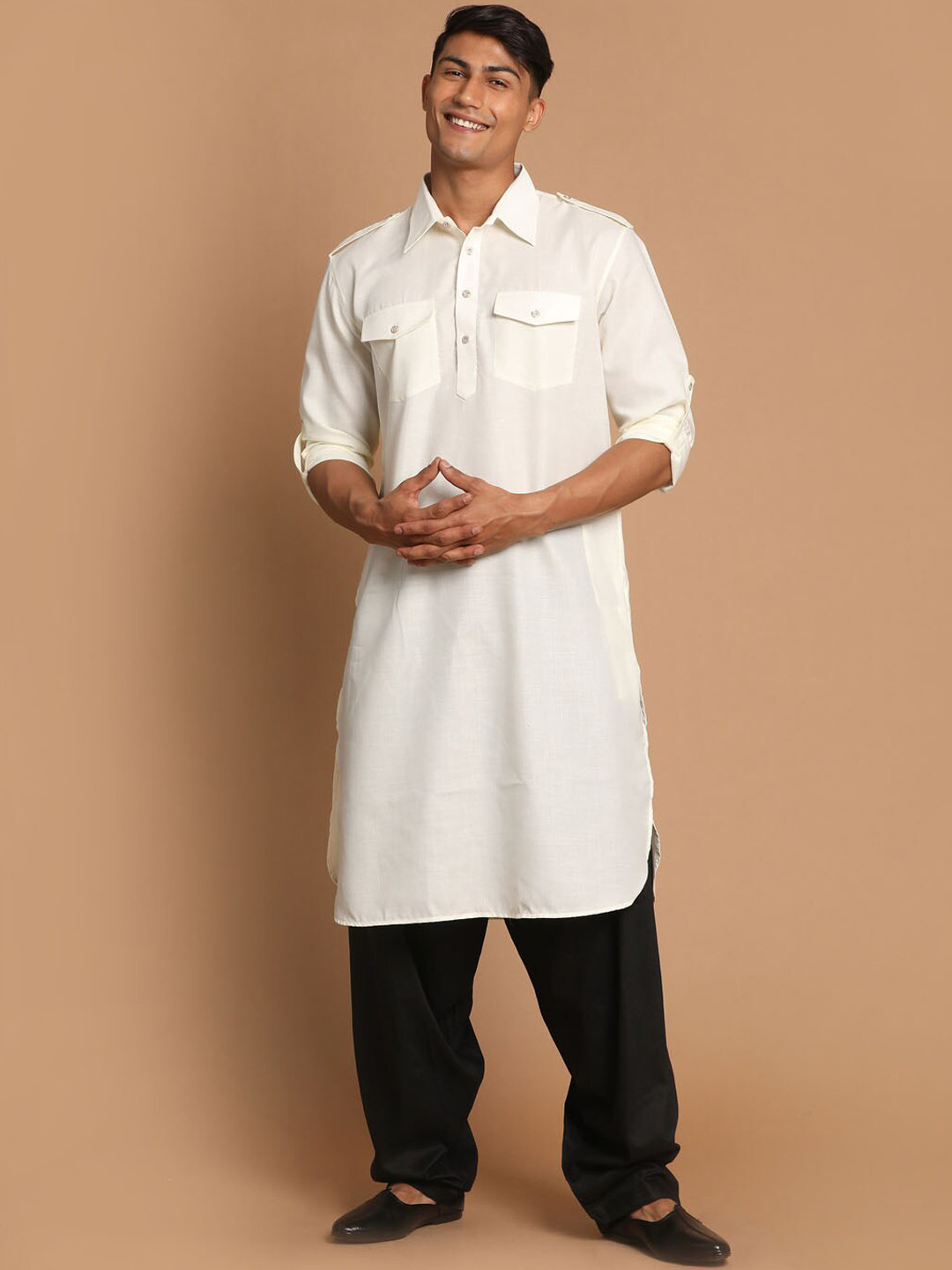 Buy VASTRAMAY Shirt Collar Roll Up Sleeves Pathani Kurta With Salwar