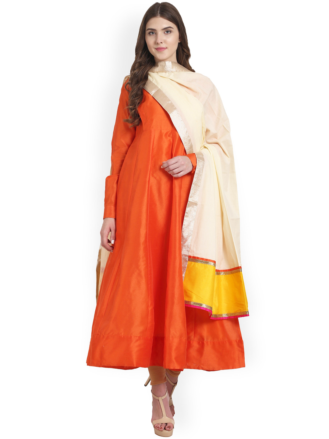 Women's Orange Printed Sequinned Anarkali Kurta Set with Dupatta