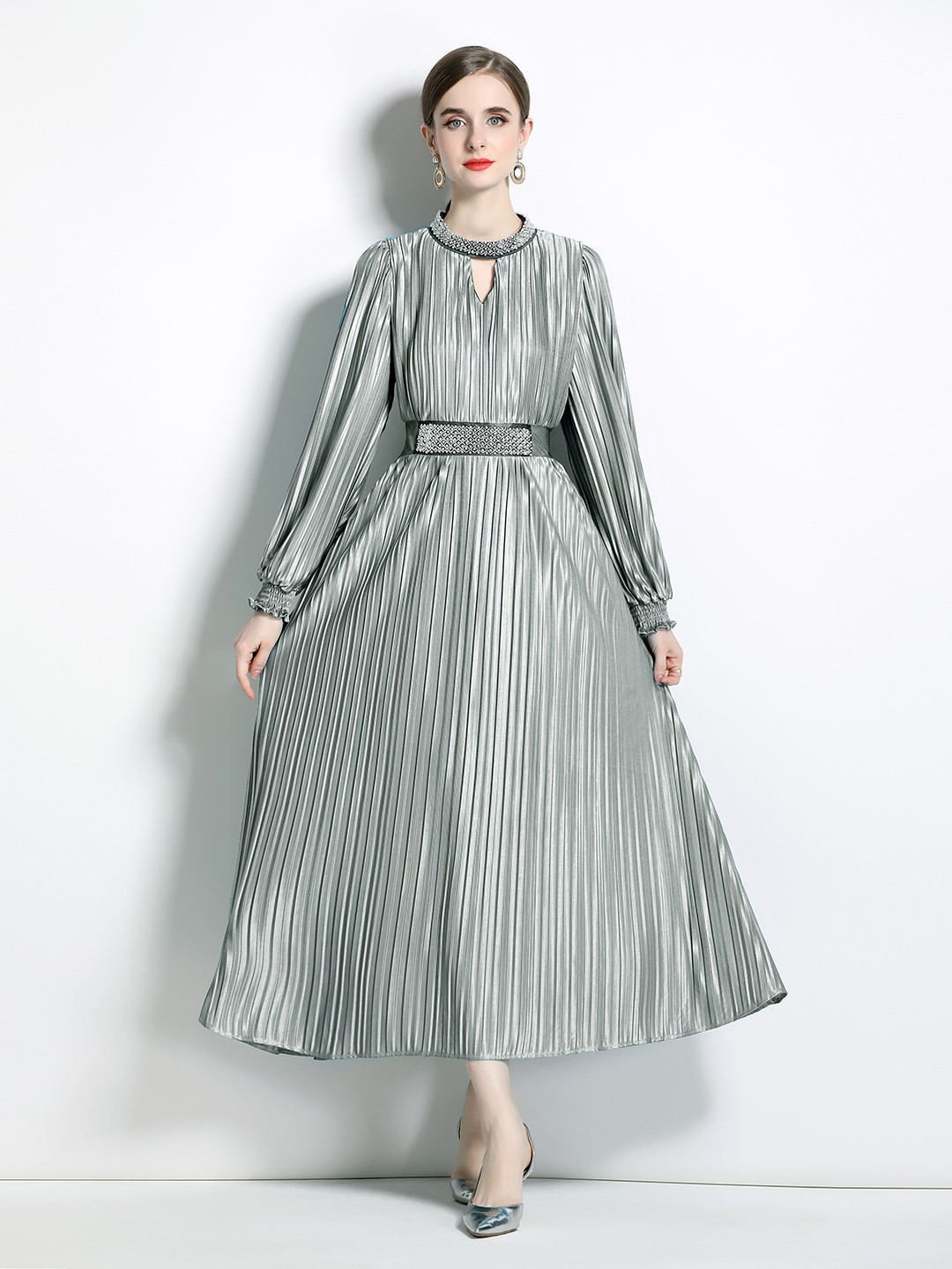 0055~Printed Accordion Tie Neck Shirt-Dress