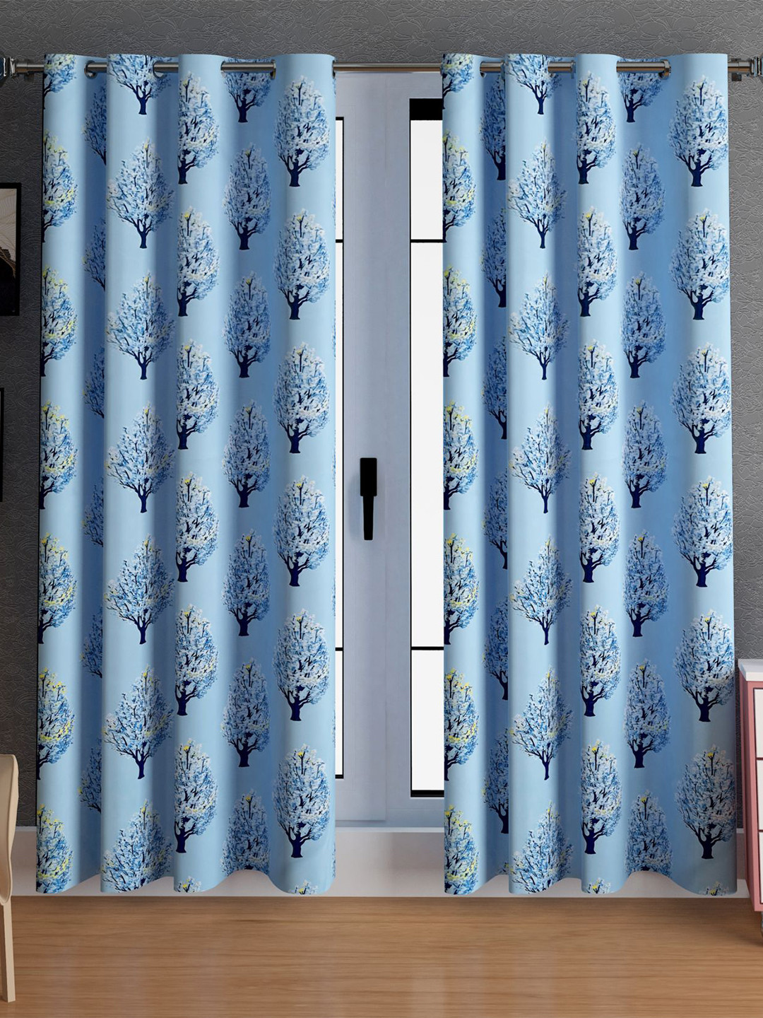 Buy LA VERNE Blue & Yellow 2 Pieces Floral Door Curtains Curtains And