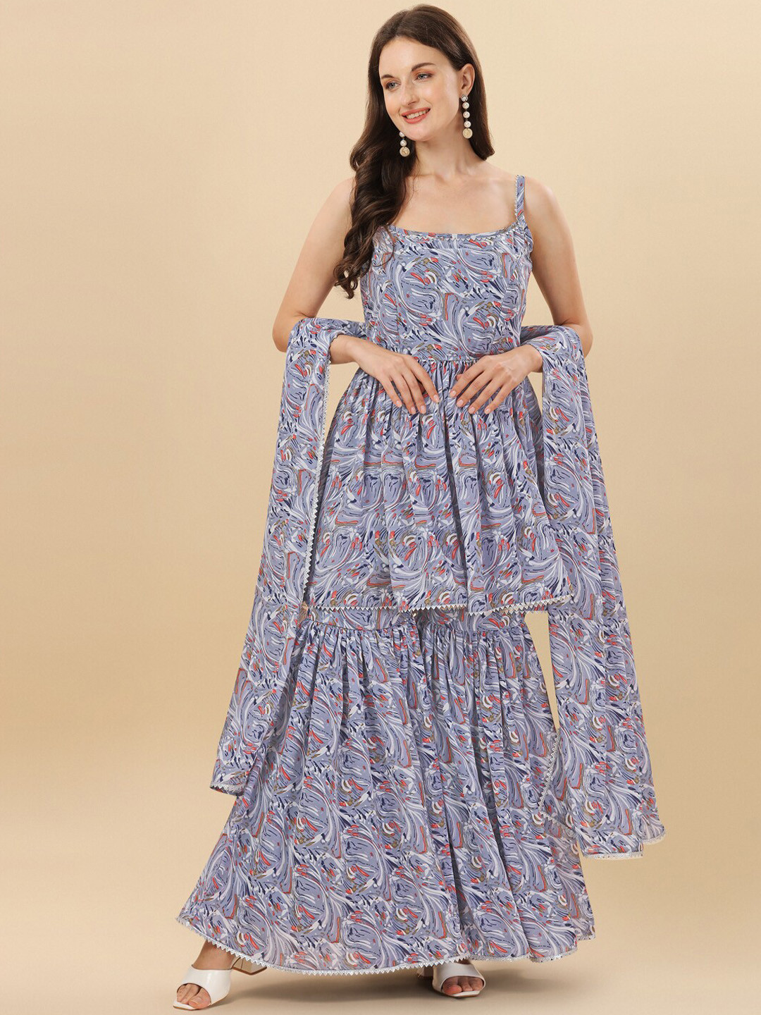Ombre Printed Shoulder Straps Straight Kurta And Sharara Set With Dupatta