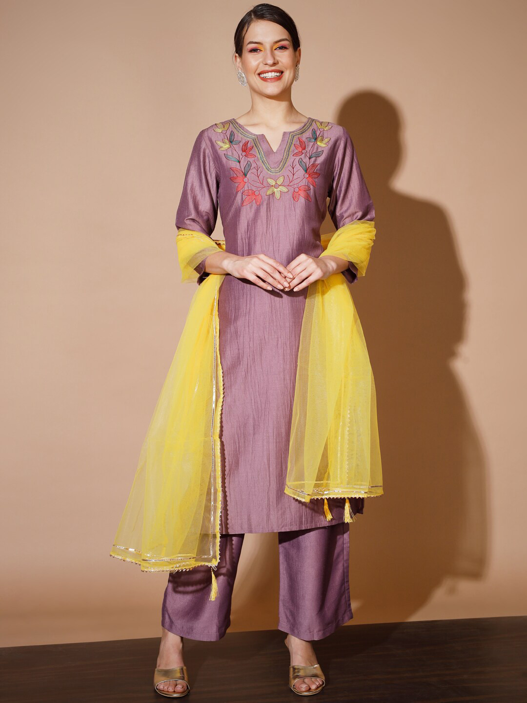 Women Purple Embroidered Straight Kurta Palazzos With Dupatta Set