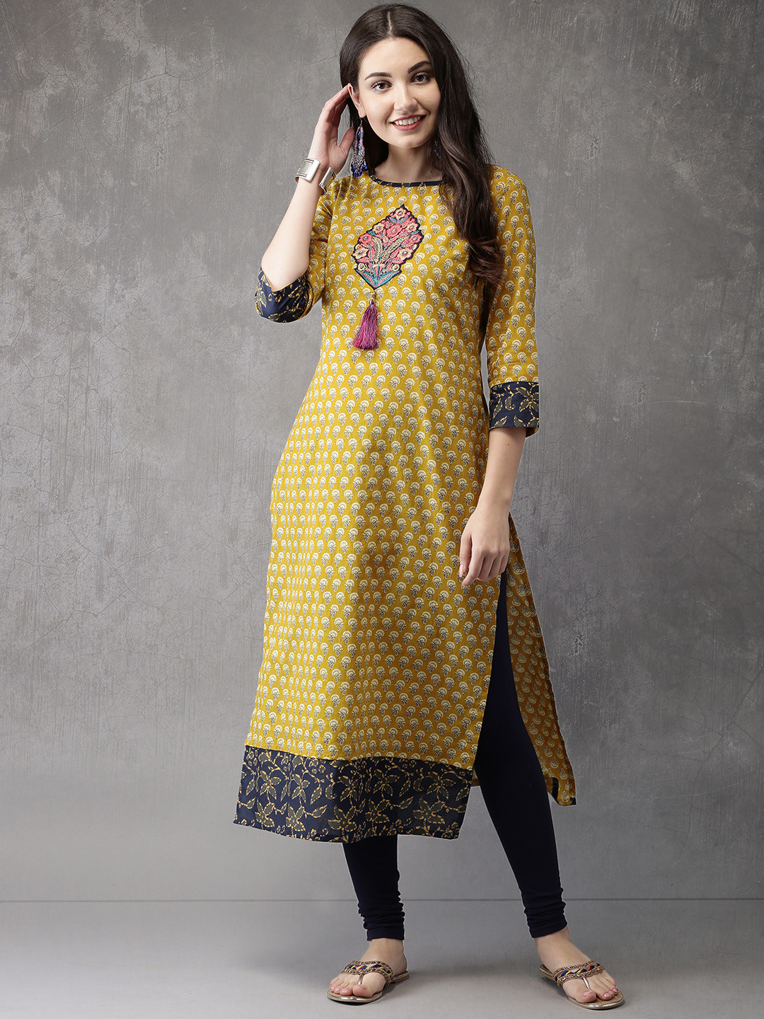 Buy Anouk Women Mustard Yellow Printed A Line Kurta Kurtas for Women
