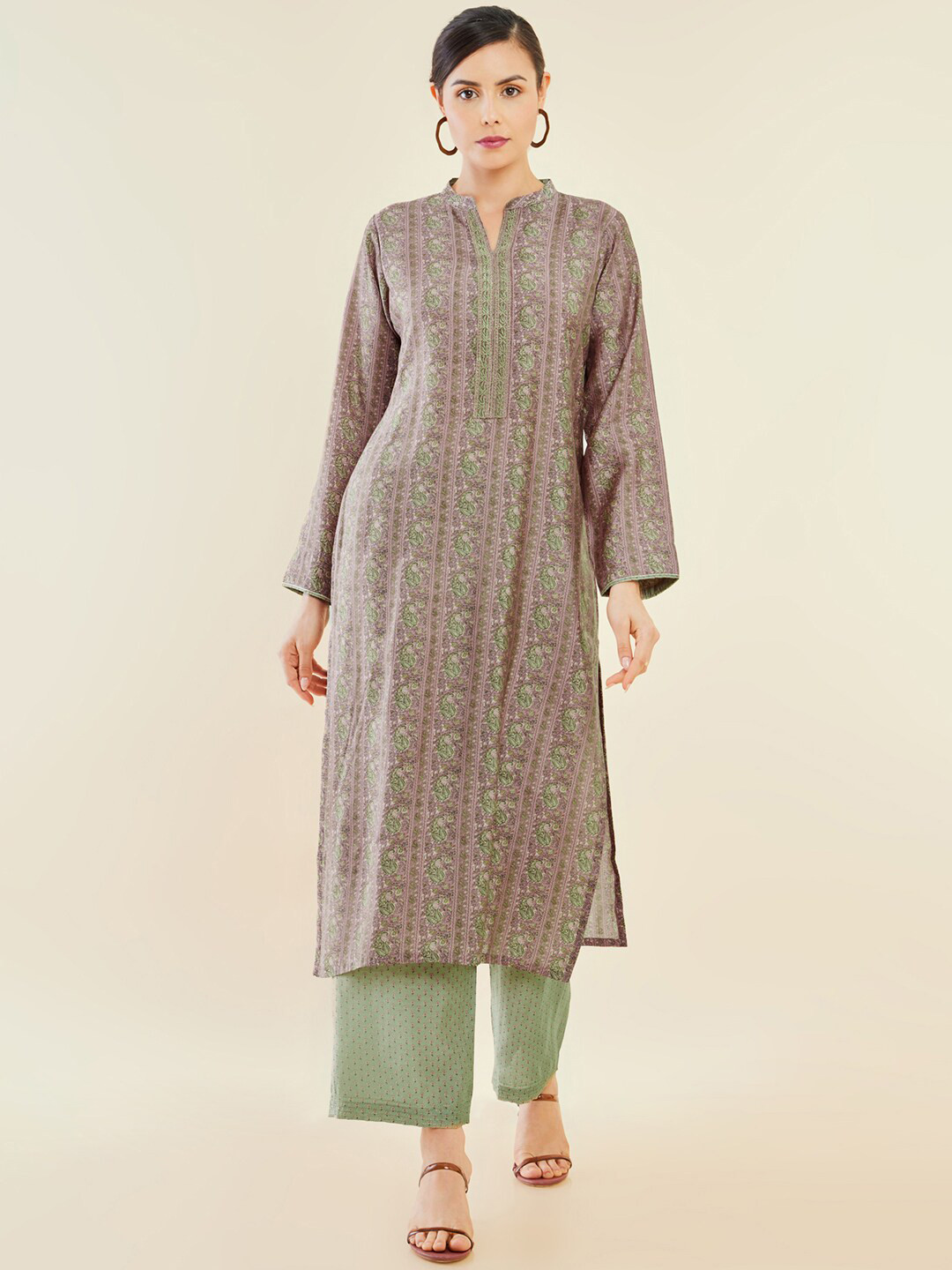 Women Purple Printed Straight Kurta With Palzo & Dupatta