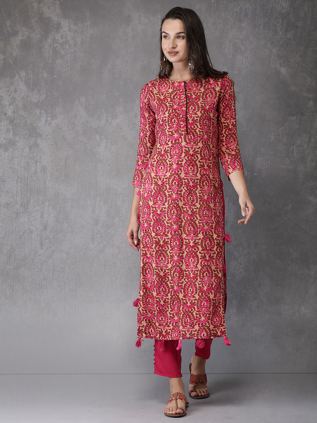 Anouk pink printed straight kurta Clearance