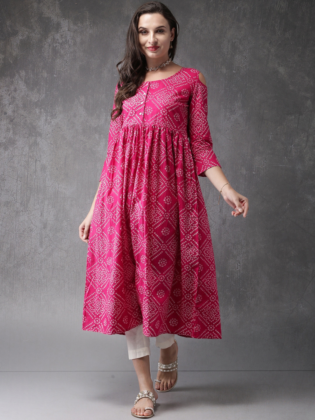 Buy Anouk Women Pink & White Bandhani Print A Line Kurta - Kurtas for ...