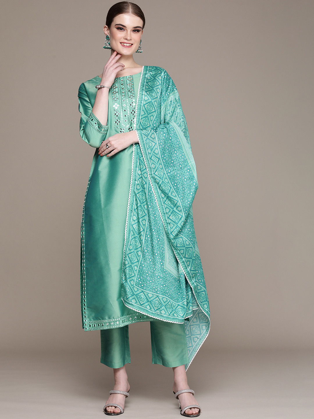 Women Ethnic Motifs Regular Sequinned Kurta with Trousers & With Dupatta