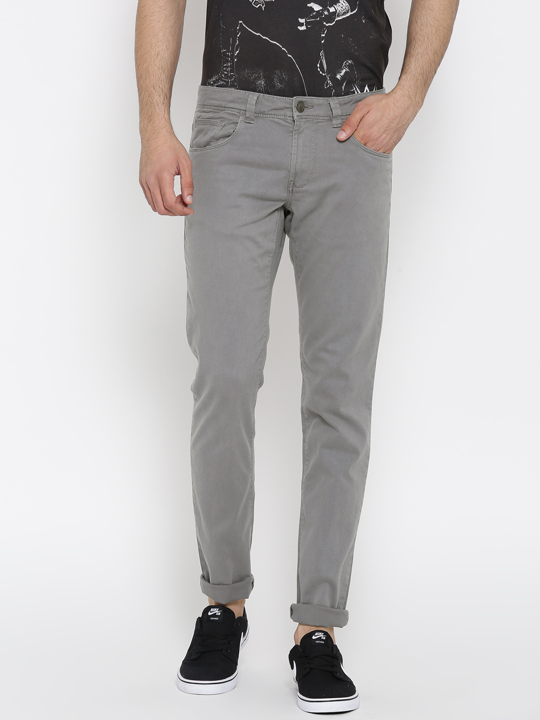 Buy OVS Men Grey Regular Fit Solid Denim Trousers - Trousers for Men ...