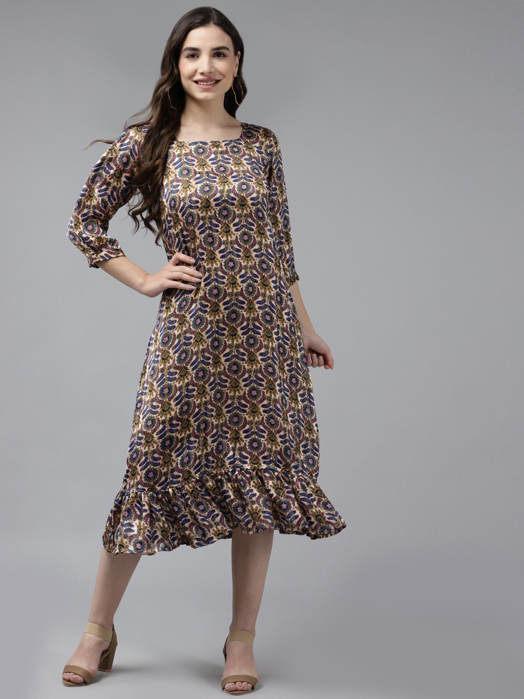 Girls Floral Printed Georgette Pleated Dress with Puff Long Sleeves