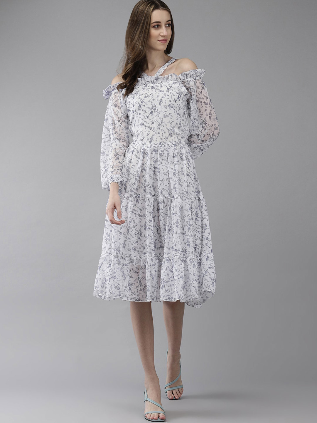 Floral Printed Georgette Fit & Flare Overlap Asymmetric Halter Neck Midi Dress