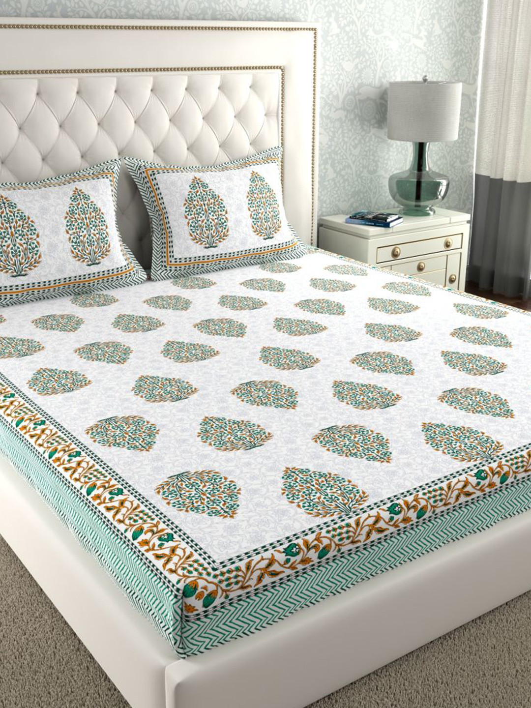 Buy LA VERNE White & Sea Green Ethnic Motifs 140 TC Cotton King