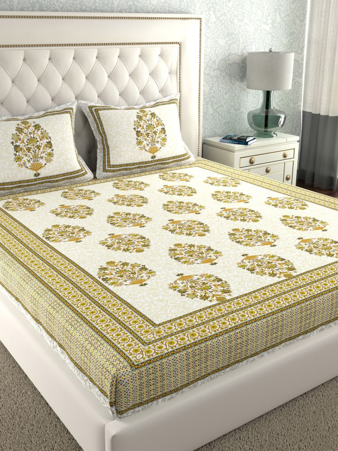 Buy LA VERNE White & Green Floral 140 TC Cotton King Bedsheet With 2