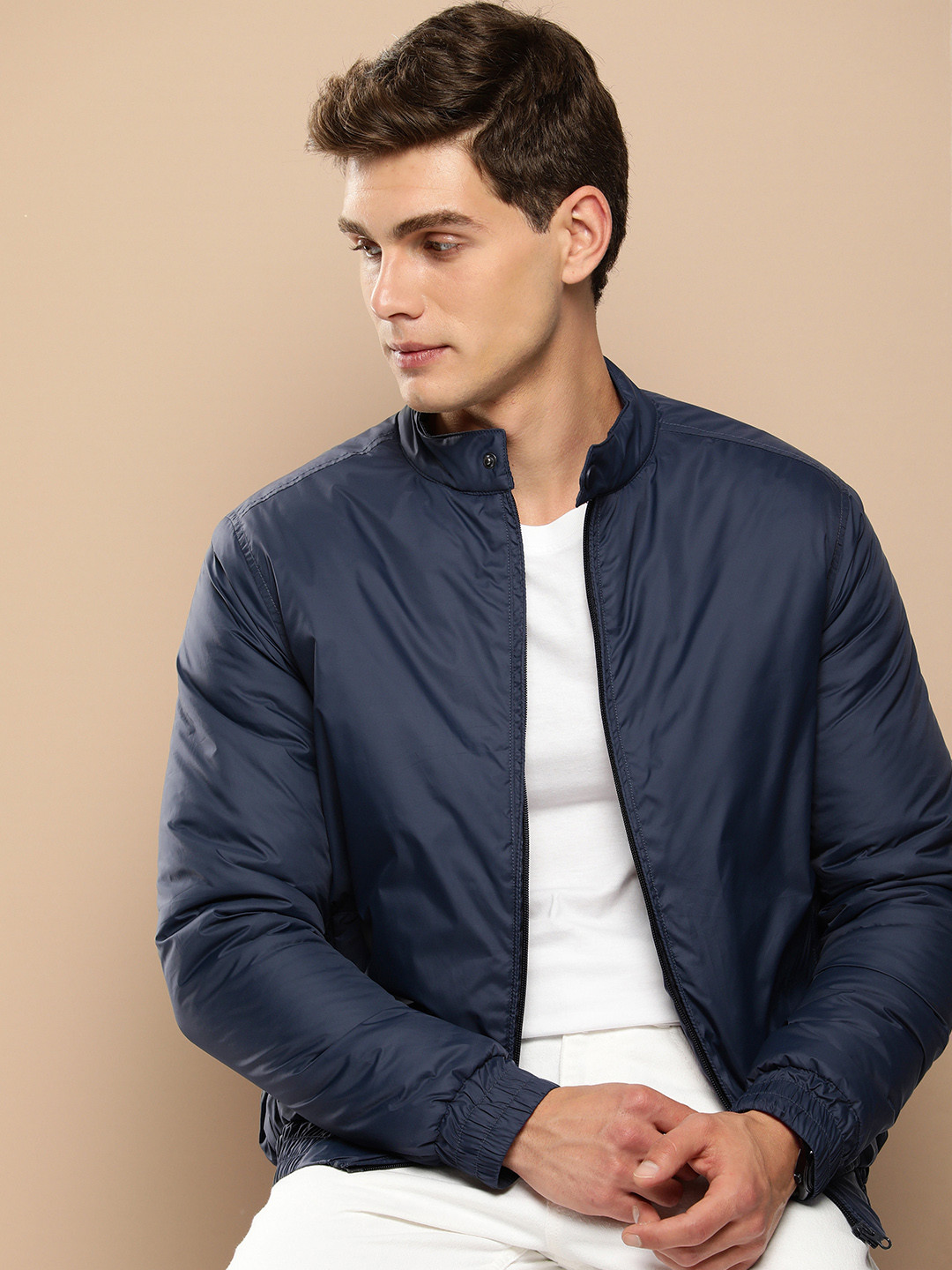 Stand Collar Puffer Jacket With Hood - Men