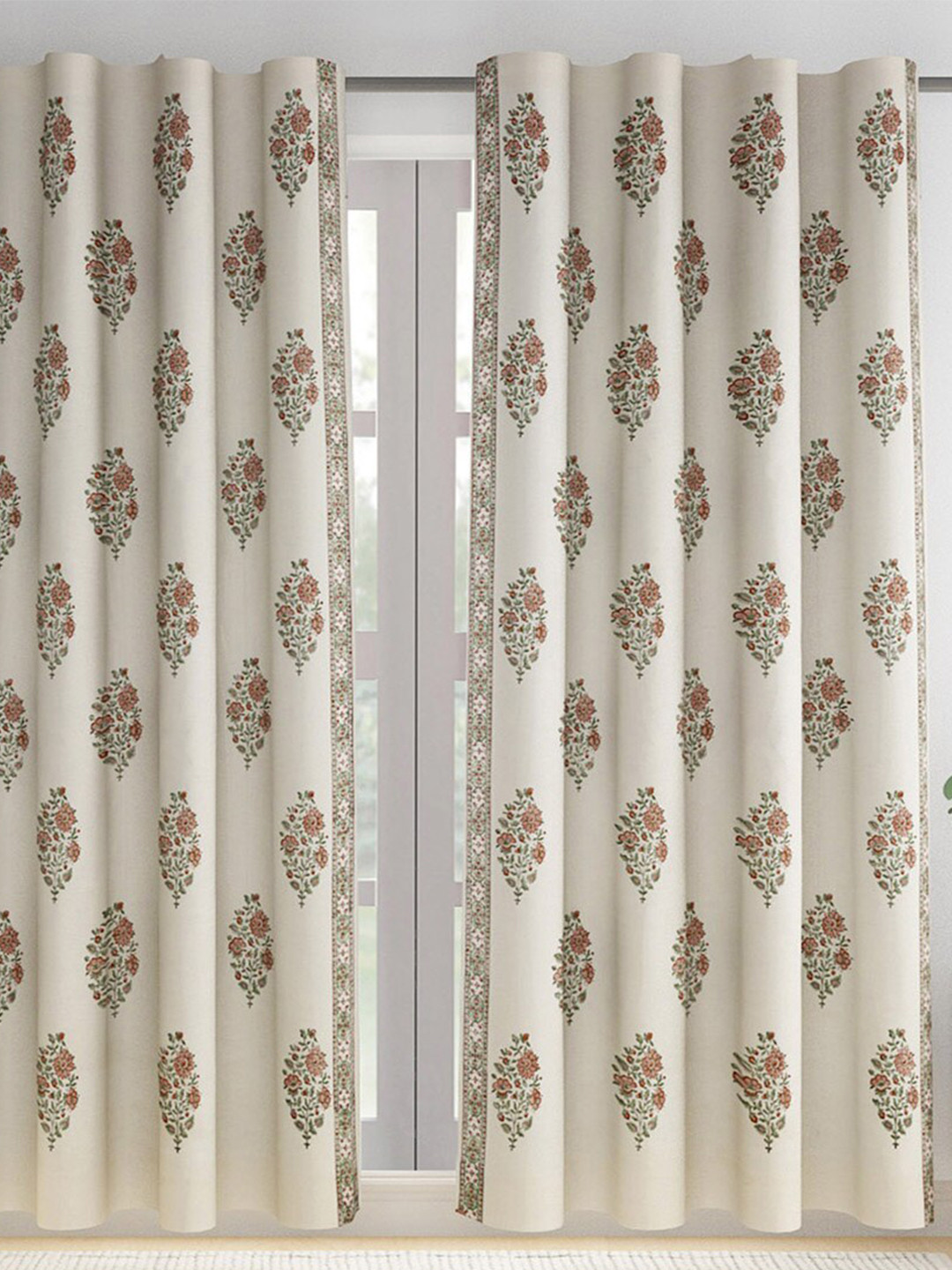 Buy Fabindia Vanan White & Red Floral Sheer Long Door Curtain ...