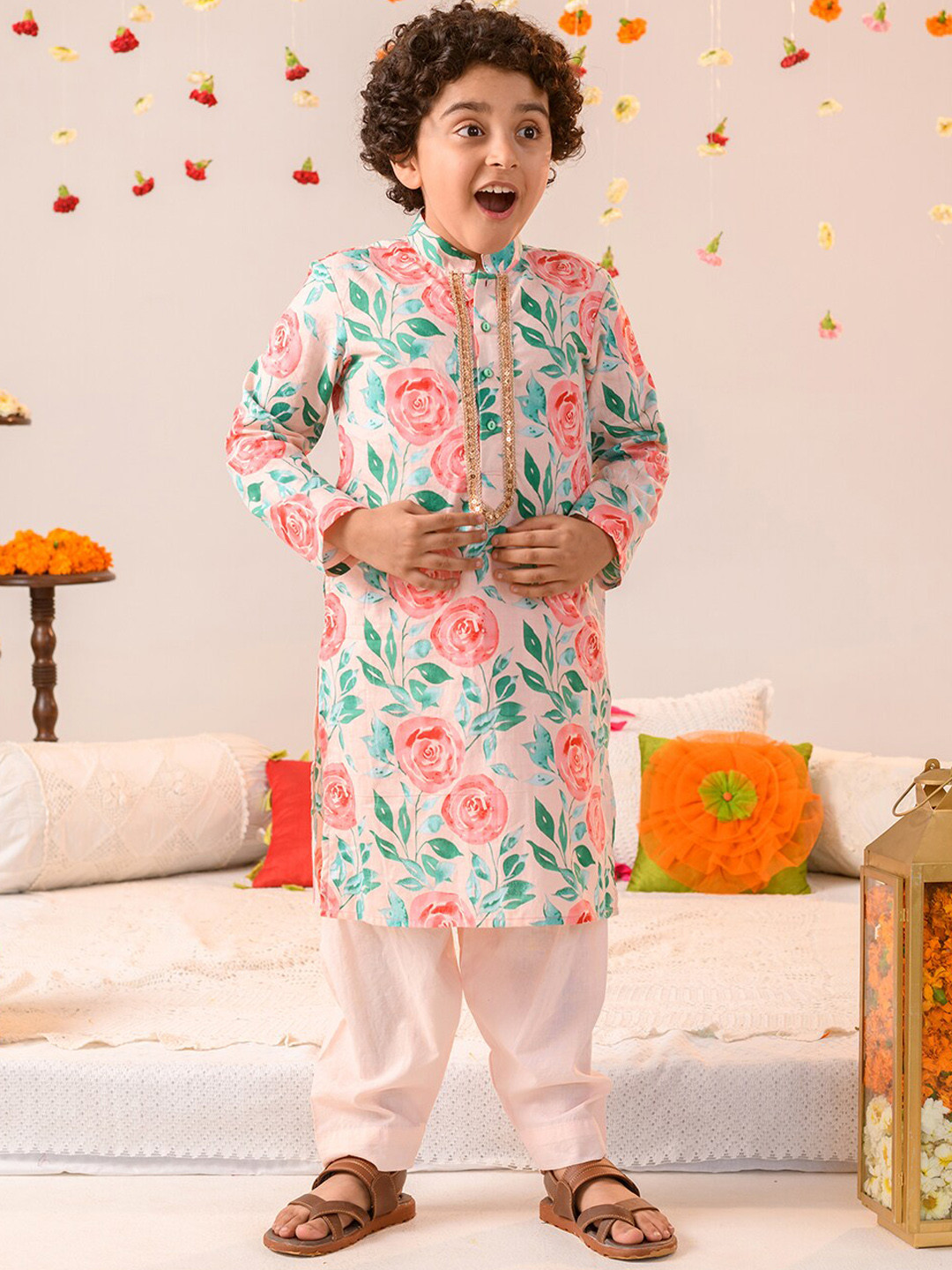 Peach Floral Printed Cotton Kurta Set with Pants