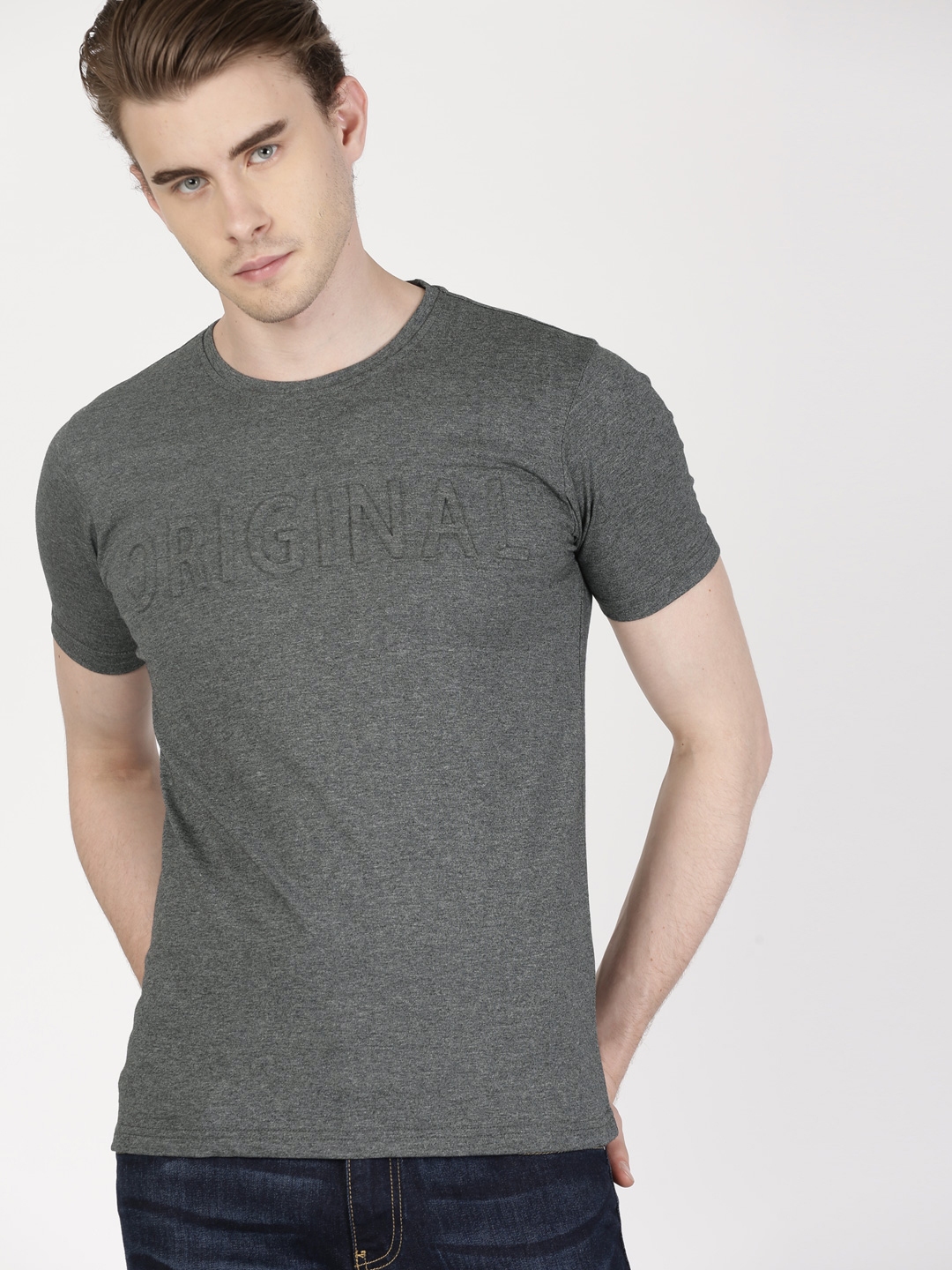 Buy Ether Men Charcoal Grey Round Neck T Shirt With Embossed Print ...