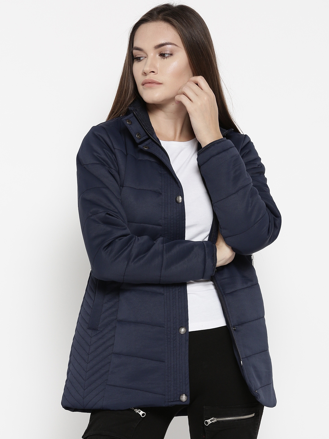 Buy Monte Carlo Women Navy Blue Solid Quilted Jacket - Jackets for ...