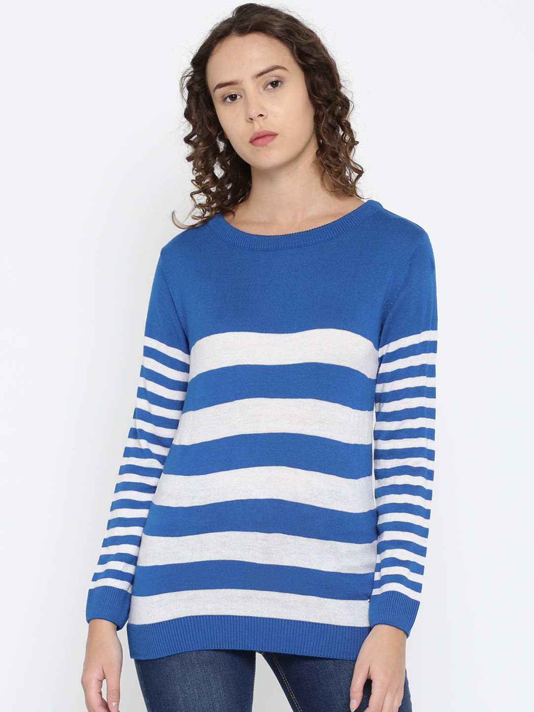 Women Blue & White Striped Full Sleeves Sweater