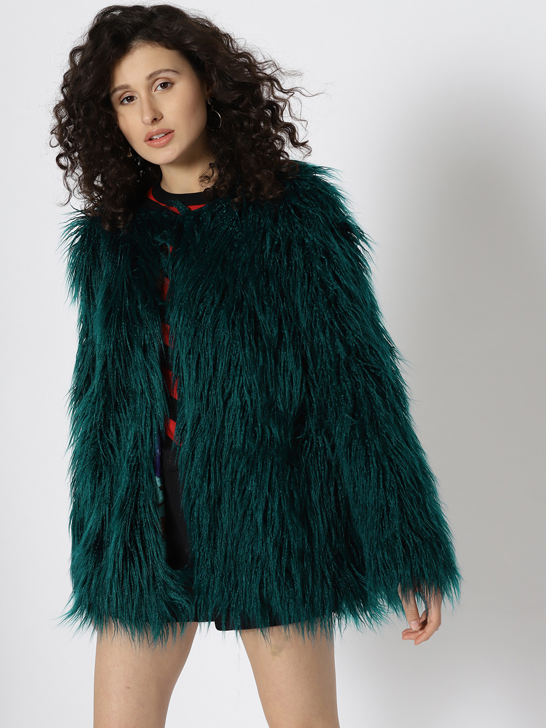 Buy MANGO Women Teal Green Solid Faux Fur Tailored Jacket Jackets for