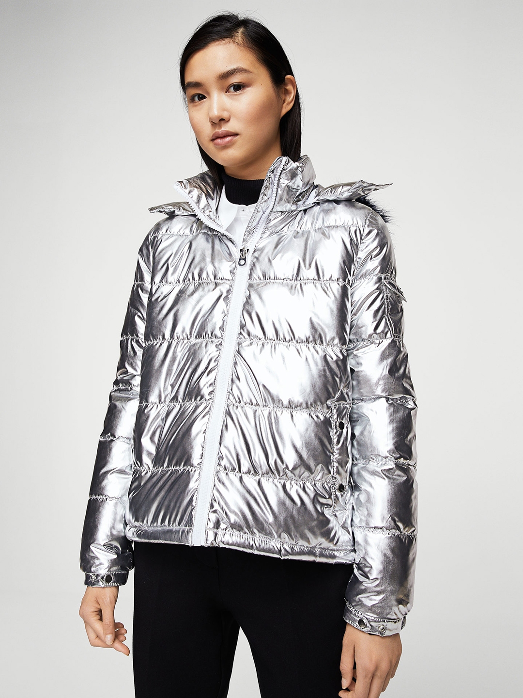 Buy MANGO Women Silver Solid Puffer Jacket - Jackets for Women 2325799 ...