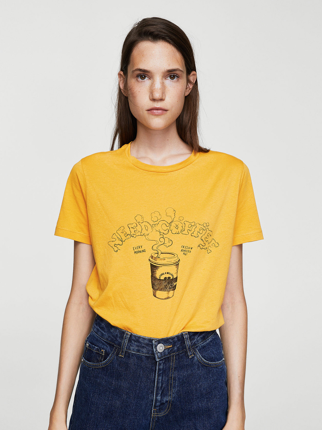Buy MANGO Women Mustard Yellow Printed Round Neck T Shirt Tshirts for