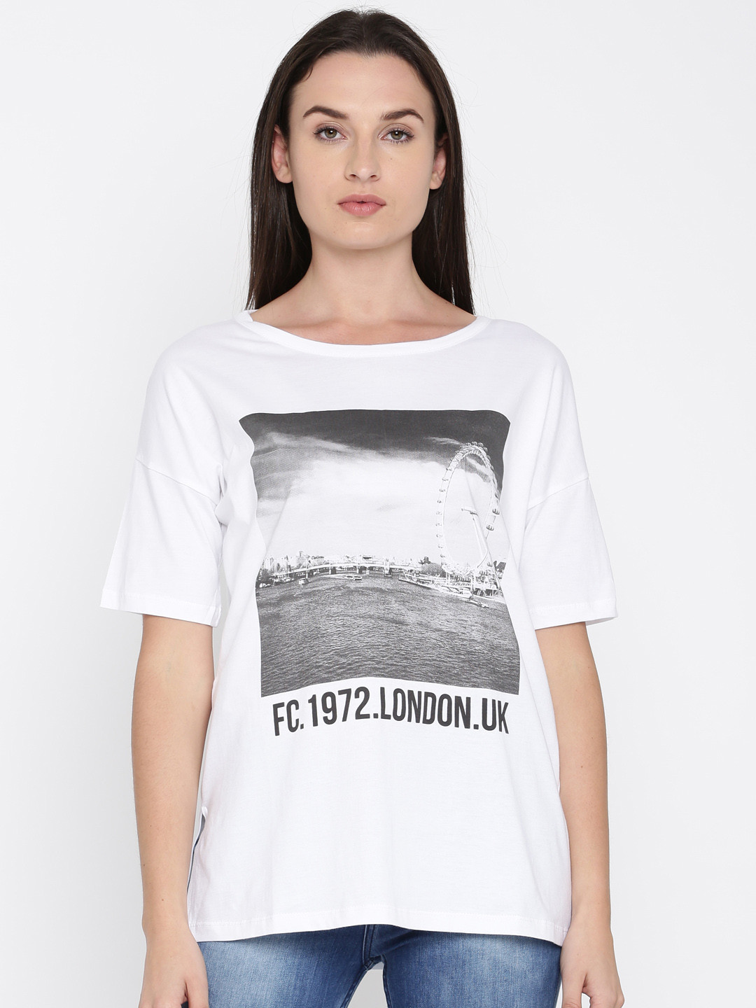 Buy French Connection Women White Printed Round Neck Pure Cotton T