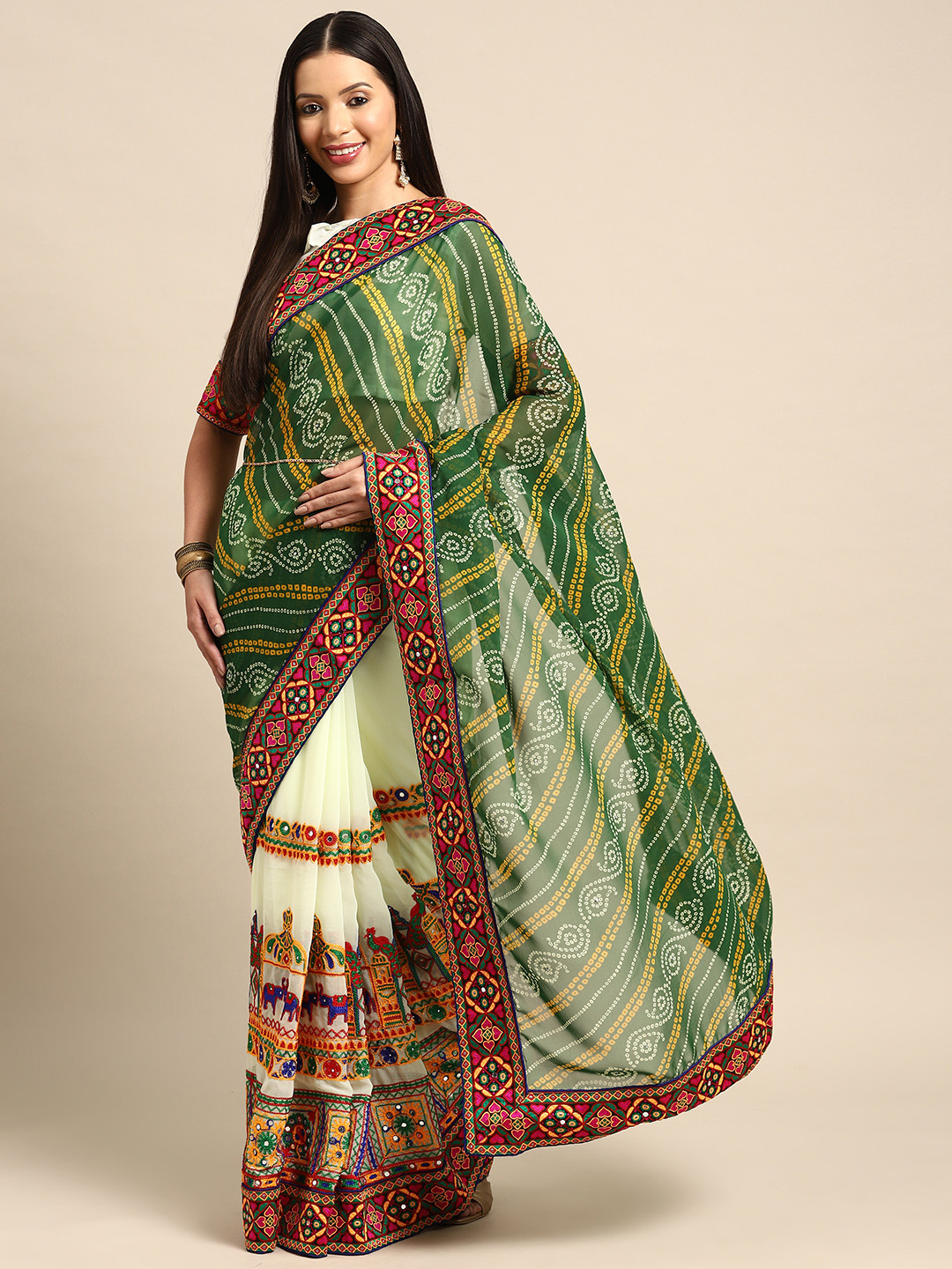 Women Red Georgette Bandhani Print Work With Kutchi Patch-Work Navaratri Kurti