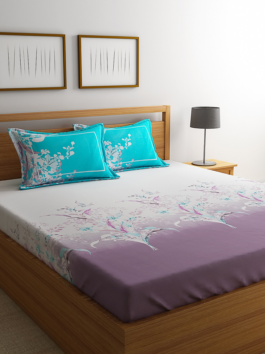 Buy MYTRIDENT White Purple 210 TC Cotton 1 King Bedsheet With 2 Pillow