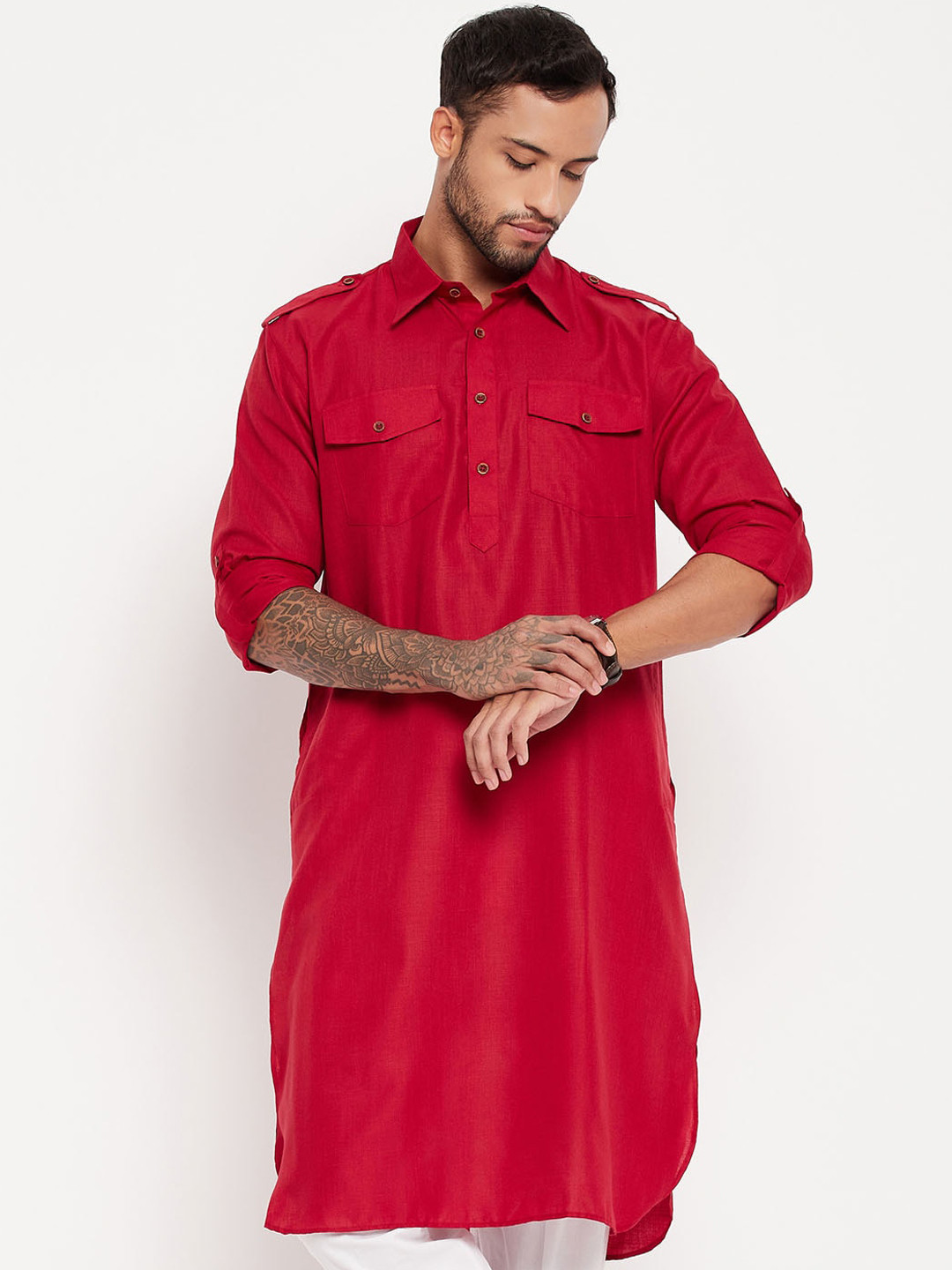 VASTRAMAY Kurta Uomo Misto Cotone Stile Pathani, Crema, L