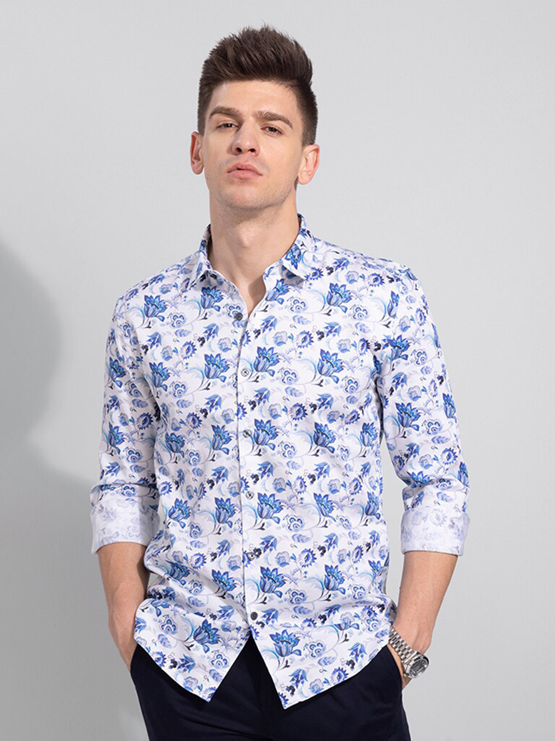 Men's White Slim Fit Floral Printed Cotton Casual Shirt