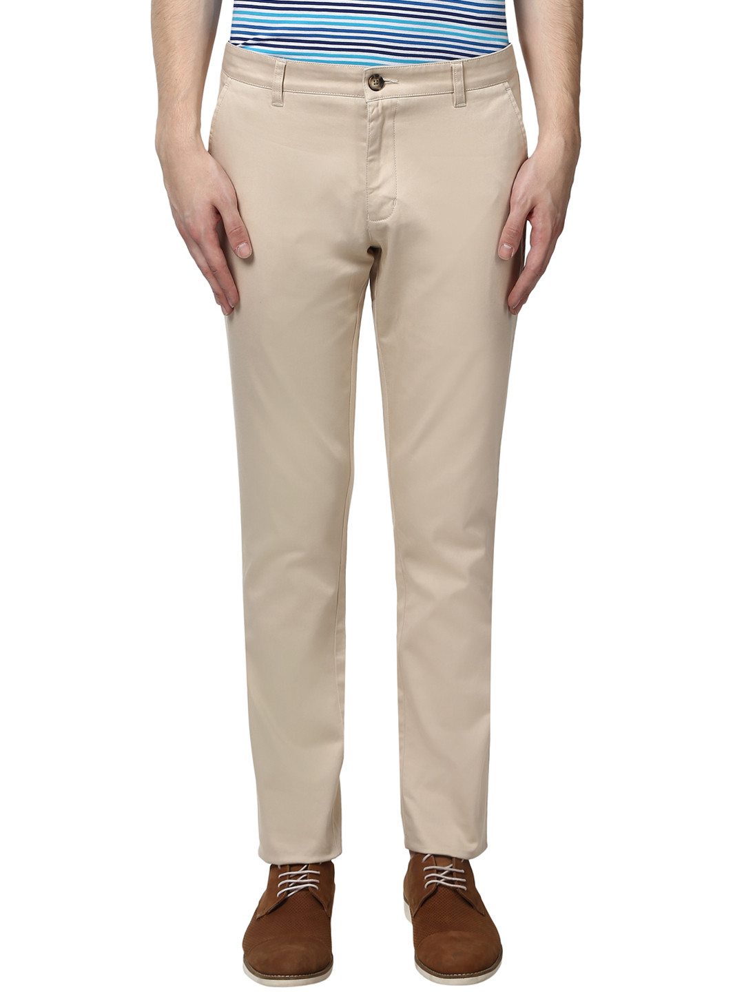 Buy Parx Men Beige Tapered Fit Solid Regular Trousers - Trousers for ...