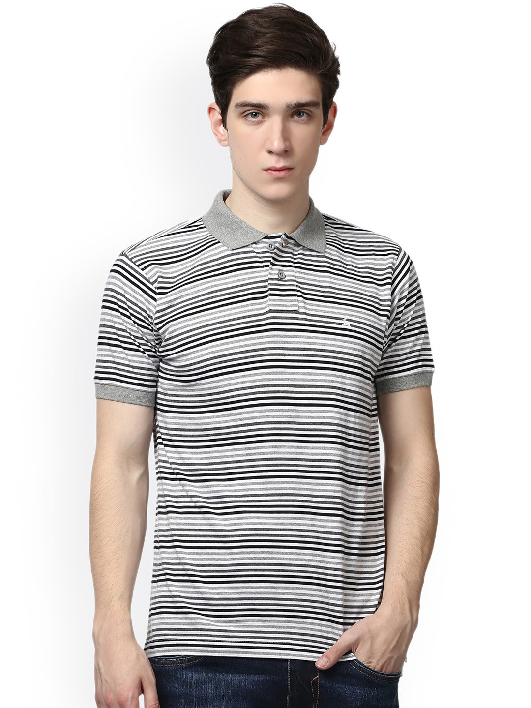 Buy Parx Men Grey Striped Polo Collar Pure Cotton T Shirt - Tshirts for ...