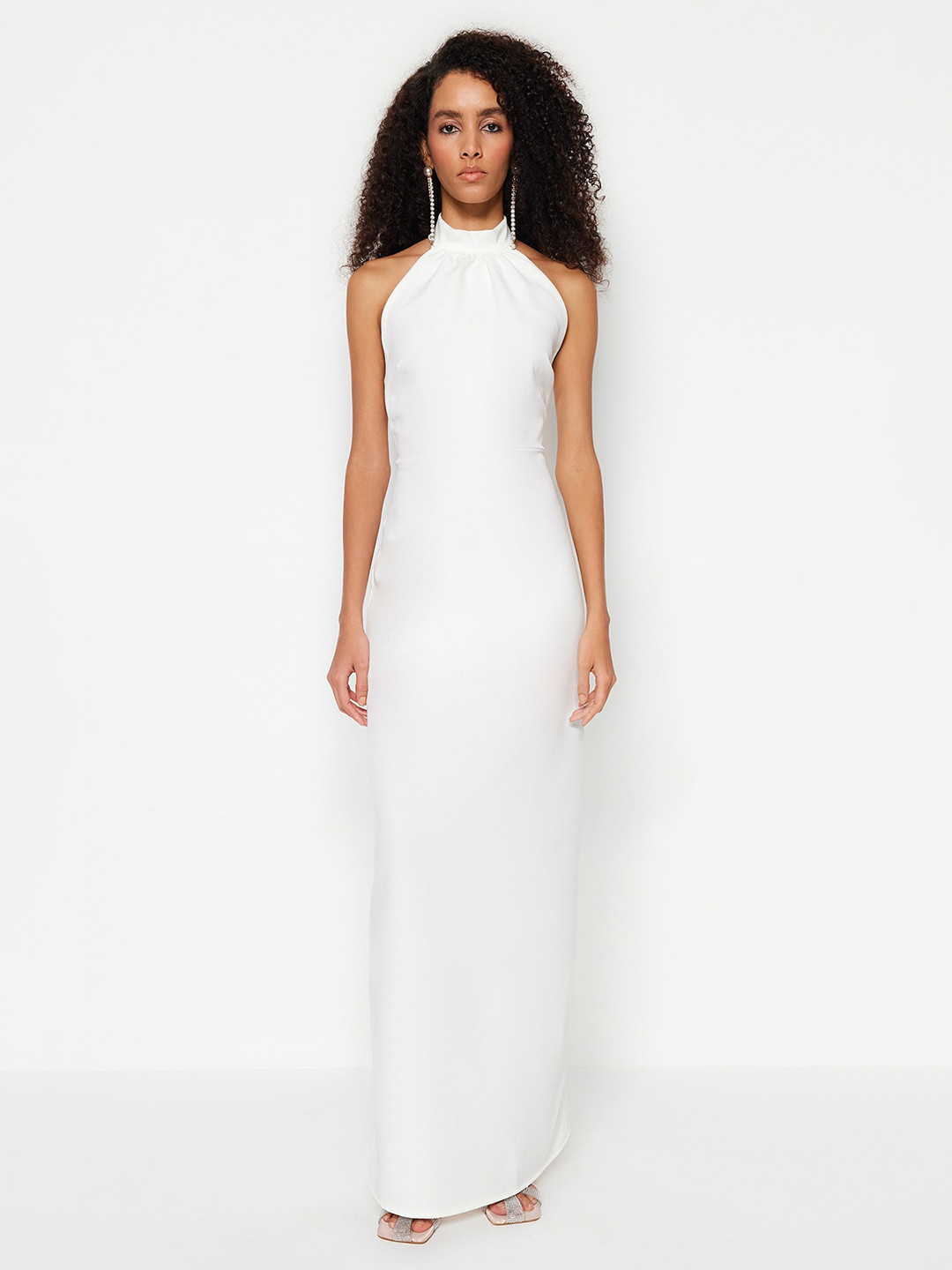 Halter Sheath Sleeveless Elegant Maxi Dresses with Slit Silver