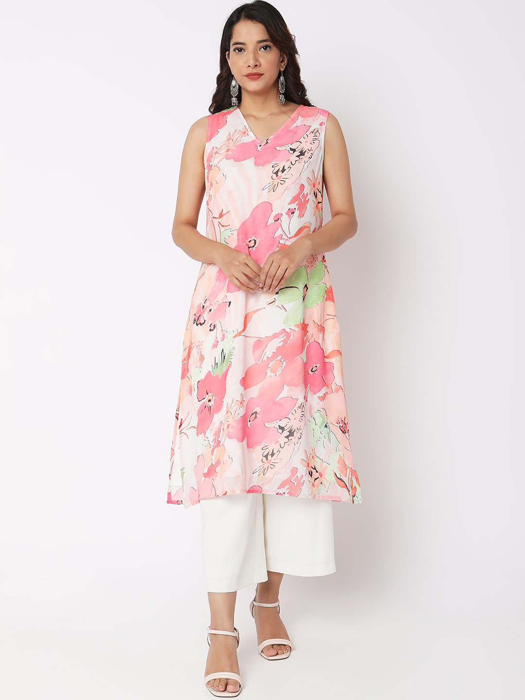 Women's V-Neck Floral Black A-Line Kurta