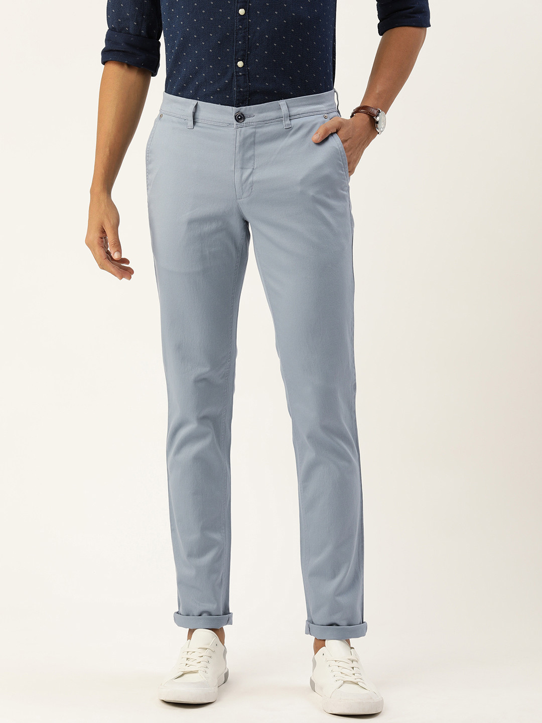 Buy Parx Men Textured Tapered Fit Low Rise Smart Casual Trousers ...