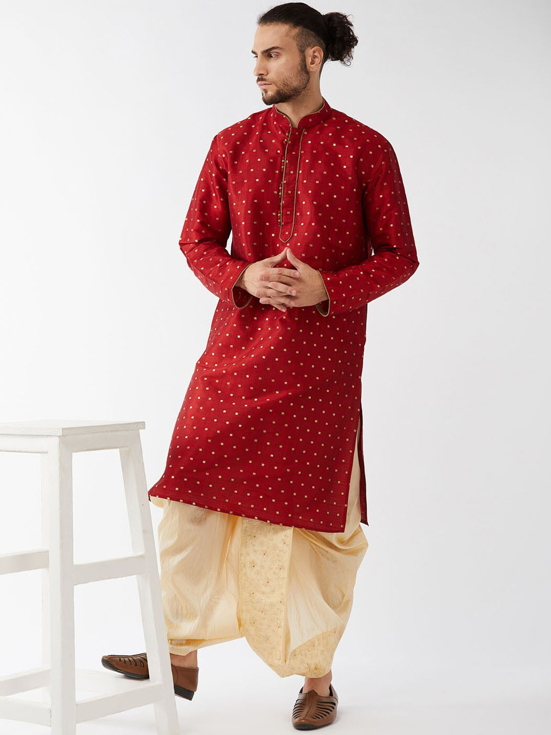 Completo Tradizionale Uomo SETHUKRISHNA | Kurta E Dhoti Pre-cucito, Bianco, Per Cerimonie