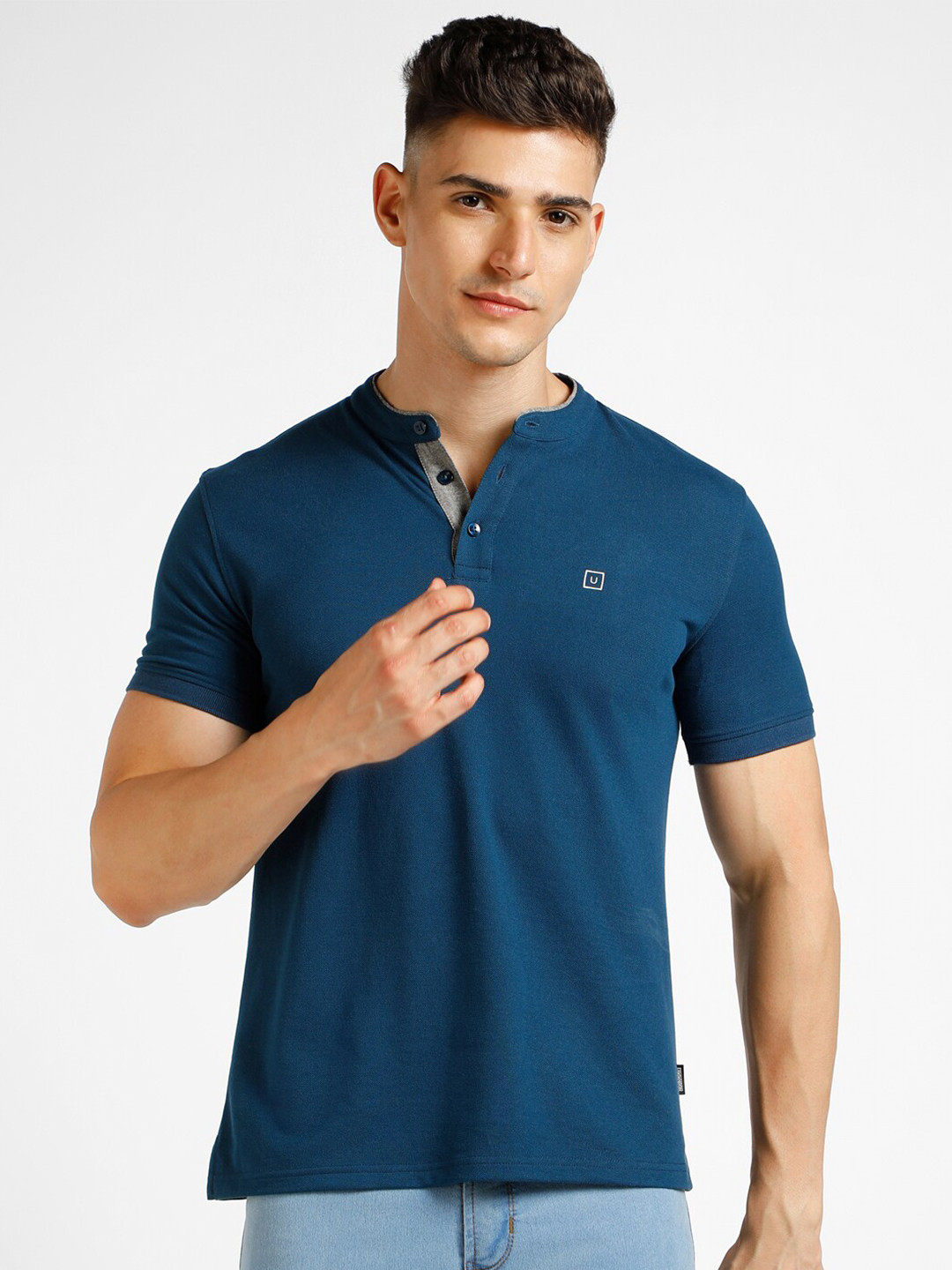 Men's Mandarin Collar White Abstract Slim Fit Shirt
