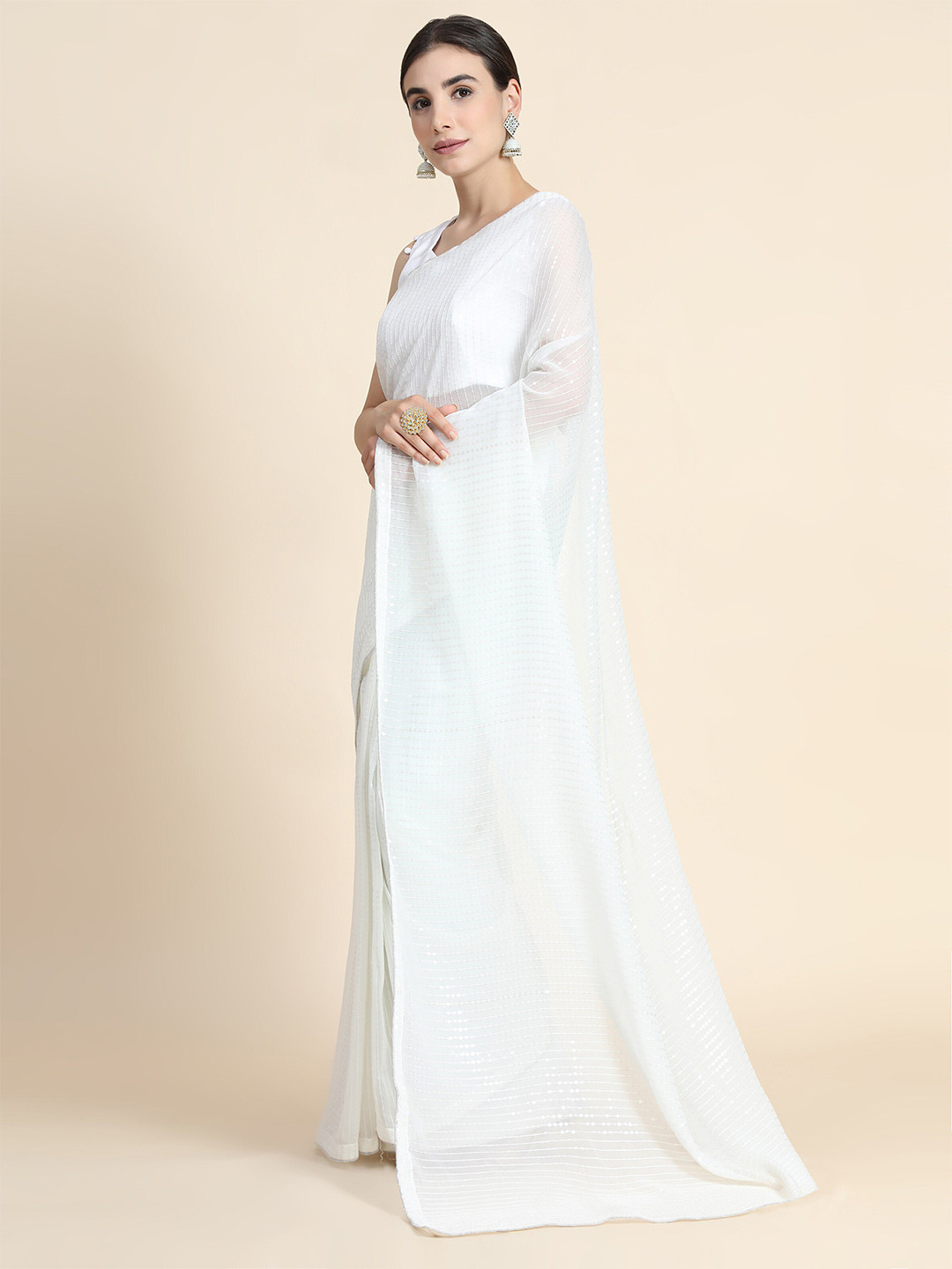 Buy Mitera White Embellished Sequinned Pure Saree Sarees